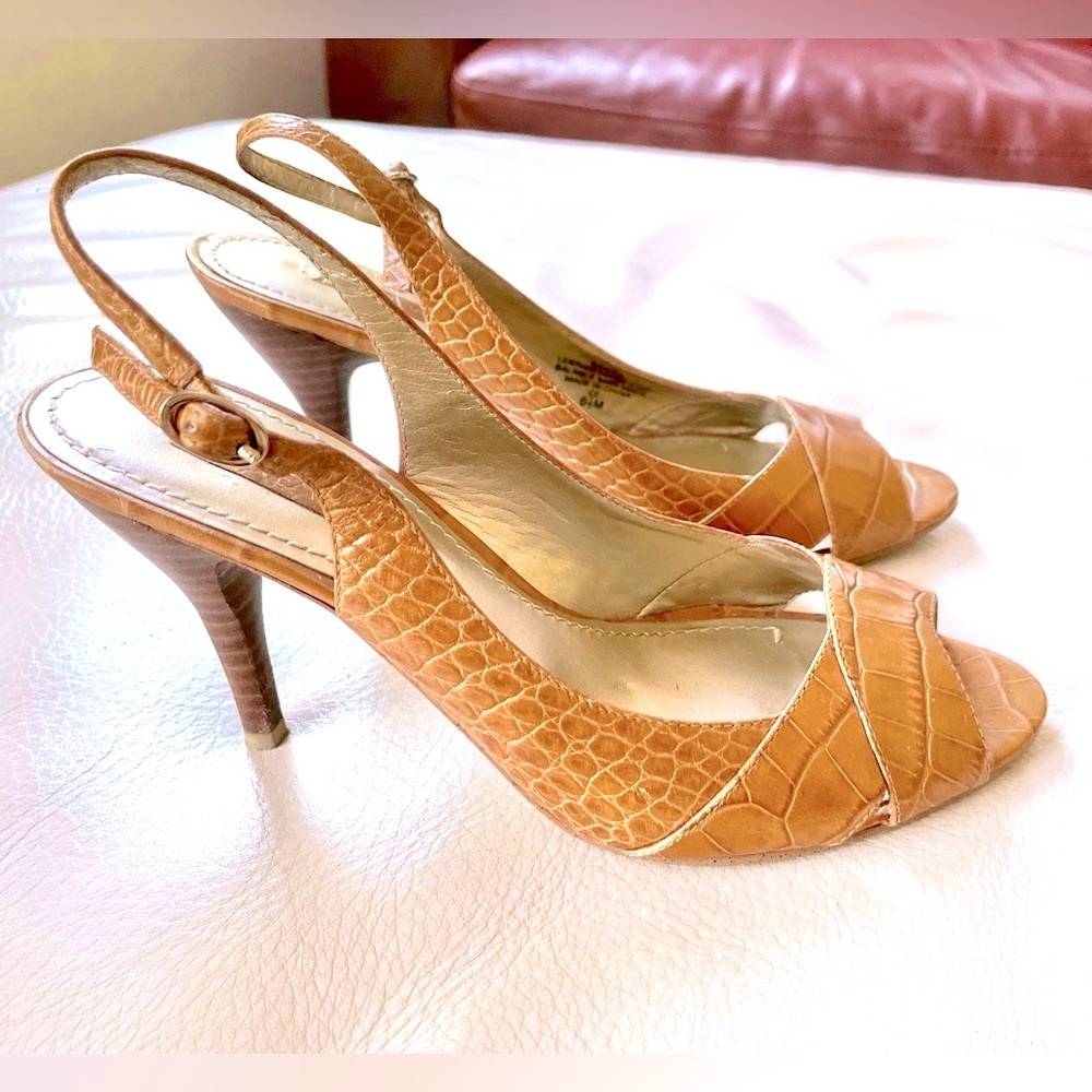 Nine West Sexy Crocodile Print Caramel Peep-Toe Strappy Sling-Back Pumps 3" Heel